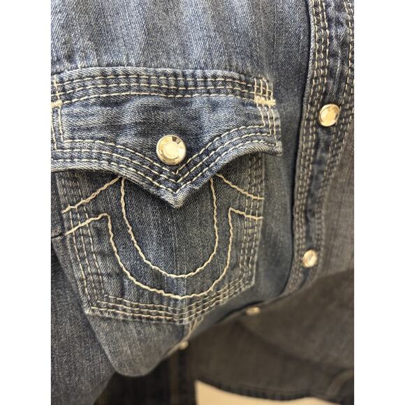 True Religion Rocky Denim Shirt S Western Rhinestone Snap Y2K - Picture 3 of 5